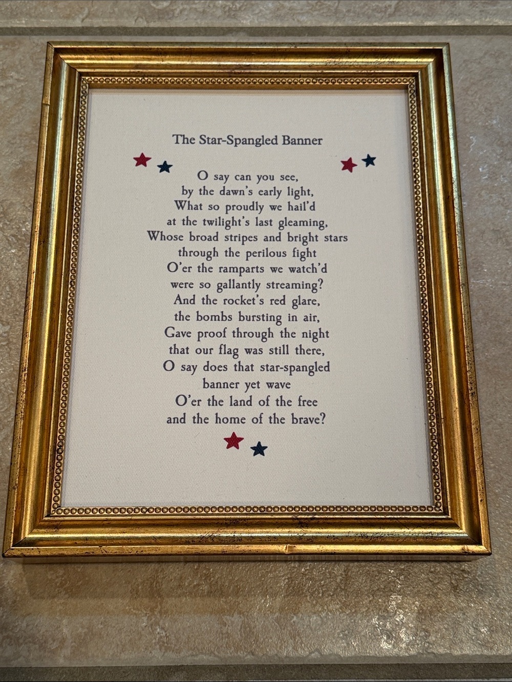 Framed Star-Spangled Banner Poem canvas Print - Gold Frame, Red & Blue Accents